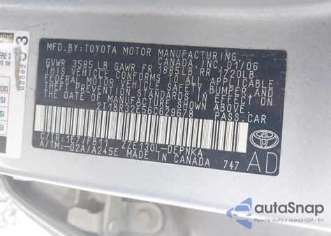 2006 Toyota Corolla Le from USA, damaged, VIN 2T1BR32E56C629678